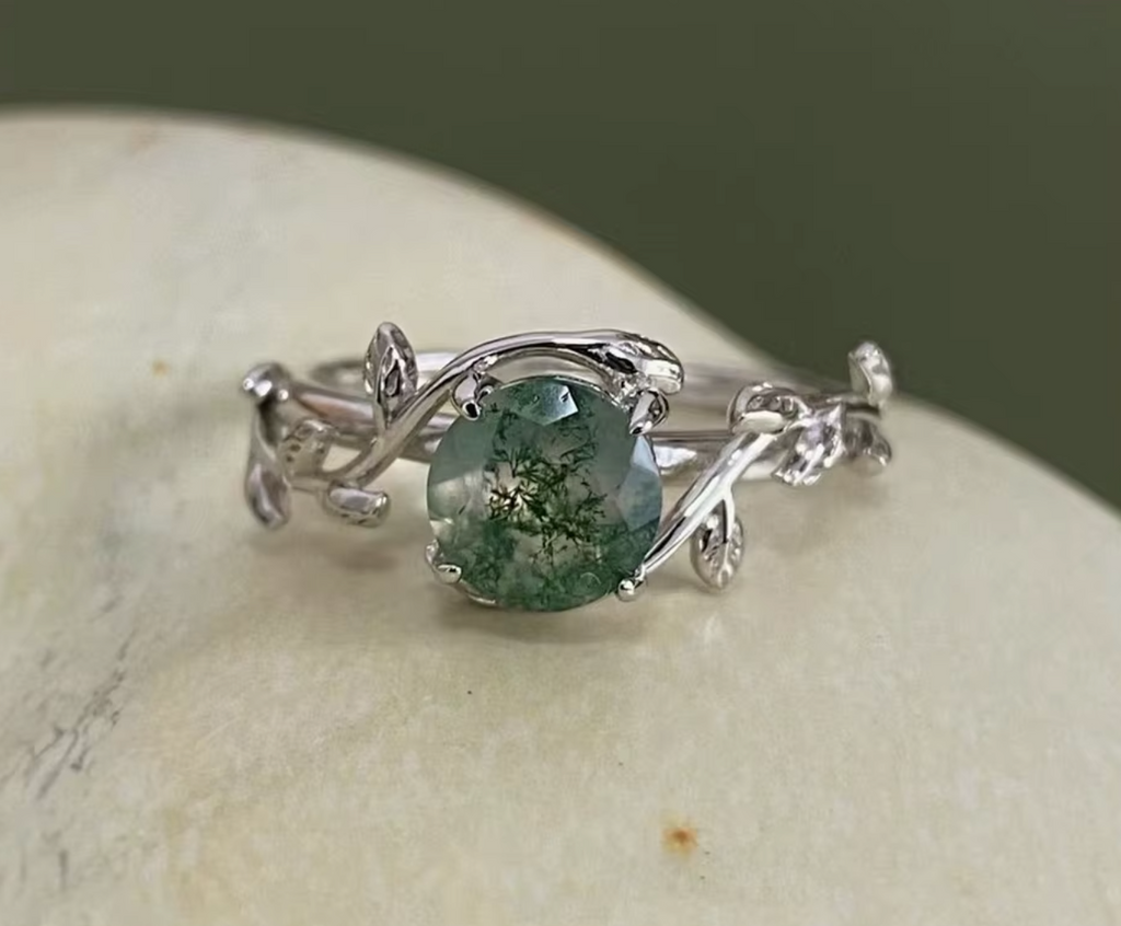 925 Sterling Silver Green Moss Agate Ring