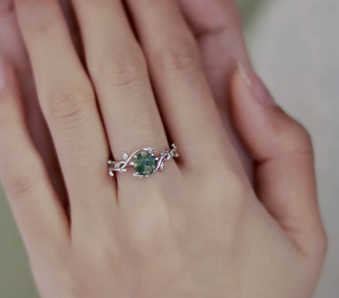 925 Sterling Silver Green Moss Agate Ring