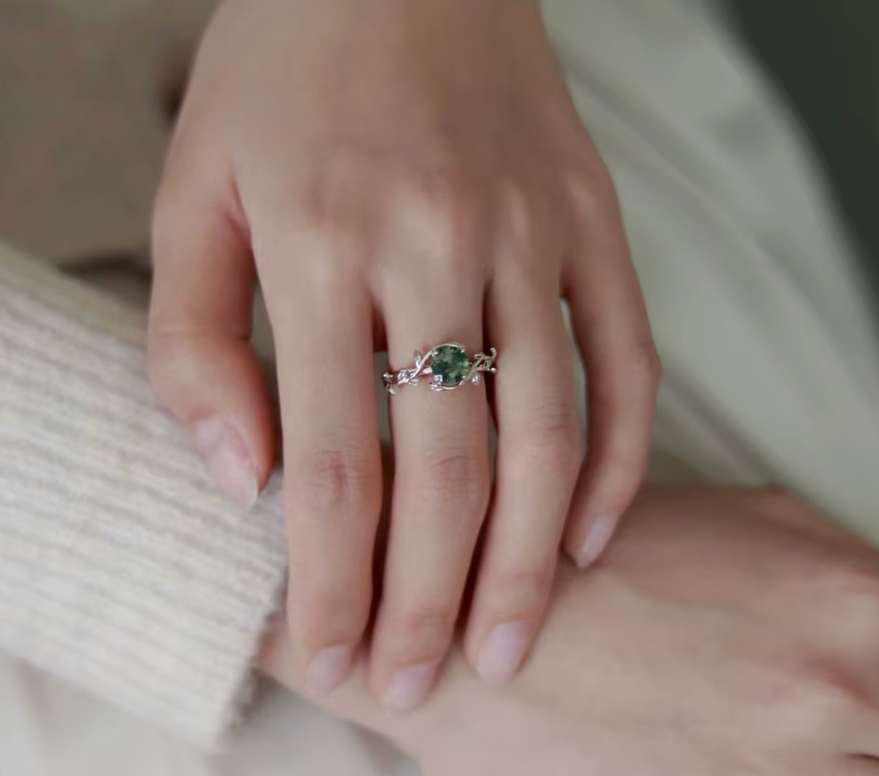 925 Sterling Silver Green Moss Agate Ring