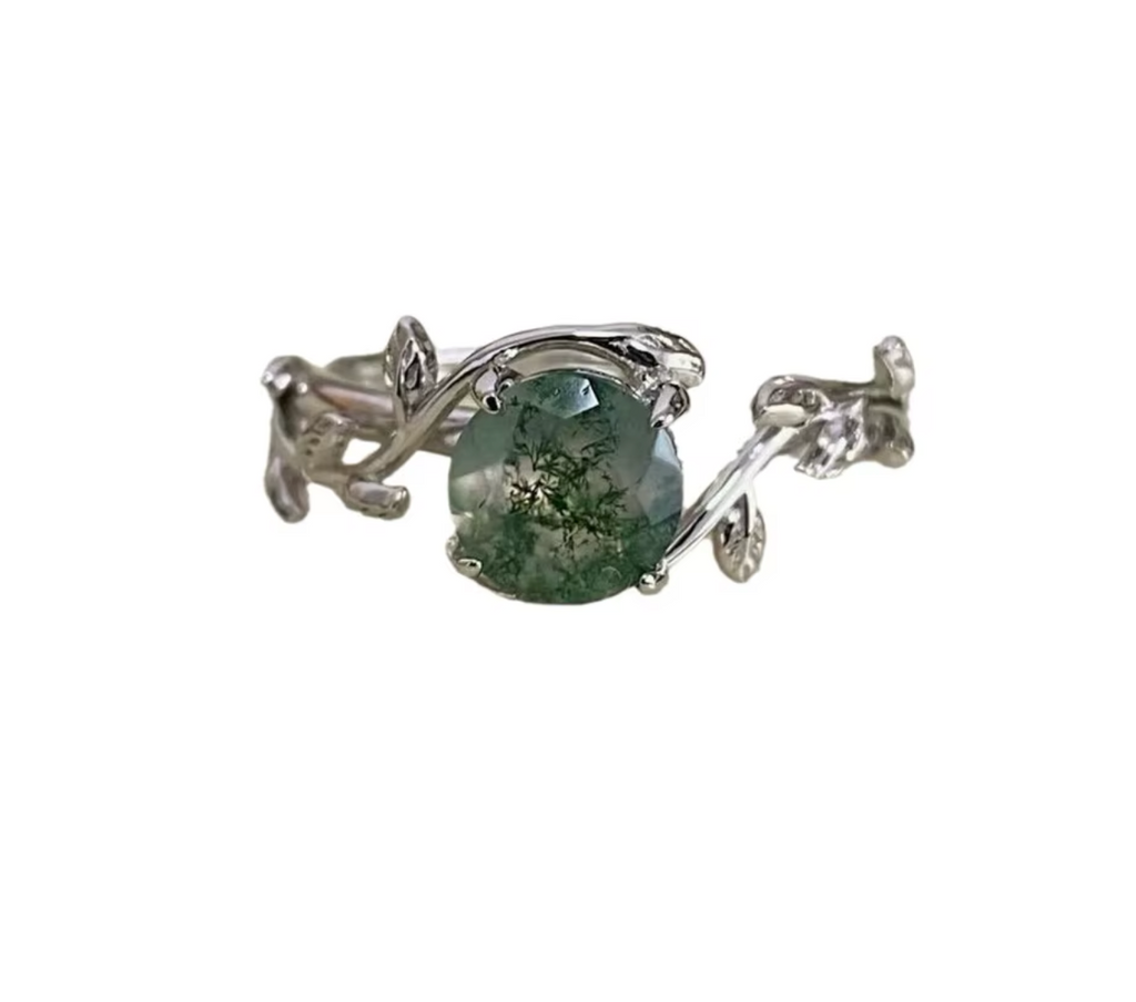 925 Sterling Silver Green Moss Agate Ring